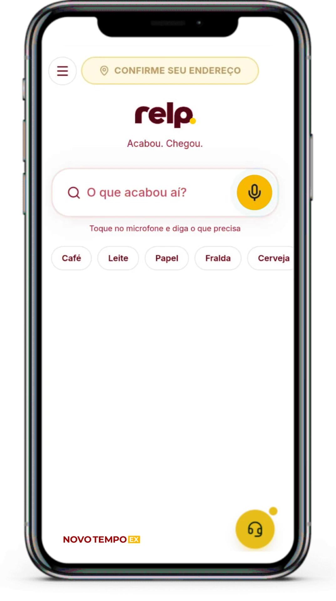 Smartphone com o aplicativo Relp, da Rede Gavião: confirmação de endereço, busca por voz e atalhos de compra.